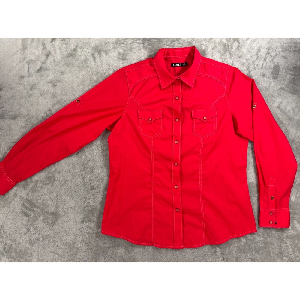 Cruel Western Shirt Womens XL Red Cowgirl Pearl Snap Floral Boho Rolltab Sleeves